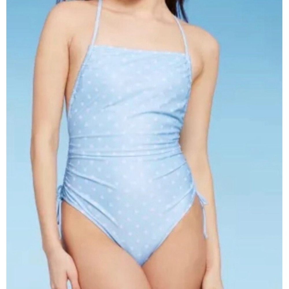Wild Fable Swimsuit 1 Piece Size Small Women's Blue Ruching Dots High Leg Cheeky